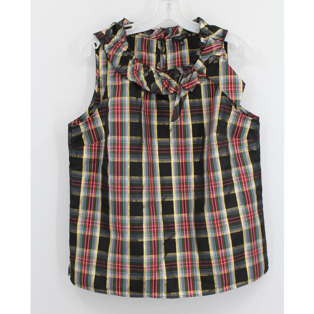 Talbots Bow Ruffle Neck Shell Celebrate Plaid Large Petite Holiday Metallic NEW